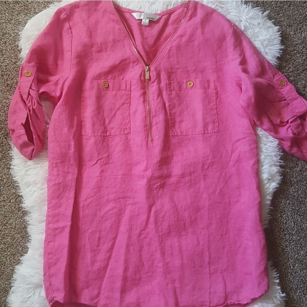 Ellen Tracy Linen Top Pink Quarter Zip Lightweight Womens Size Small